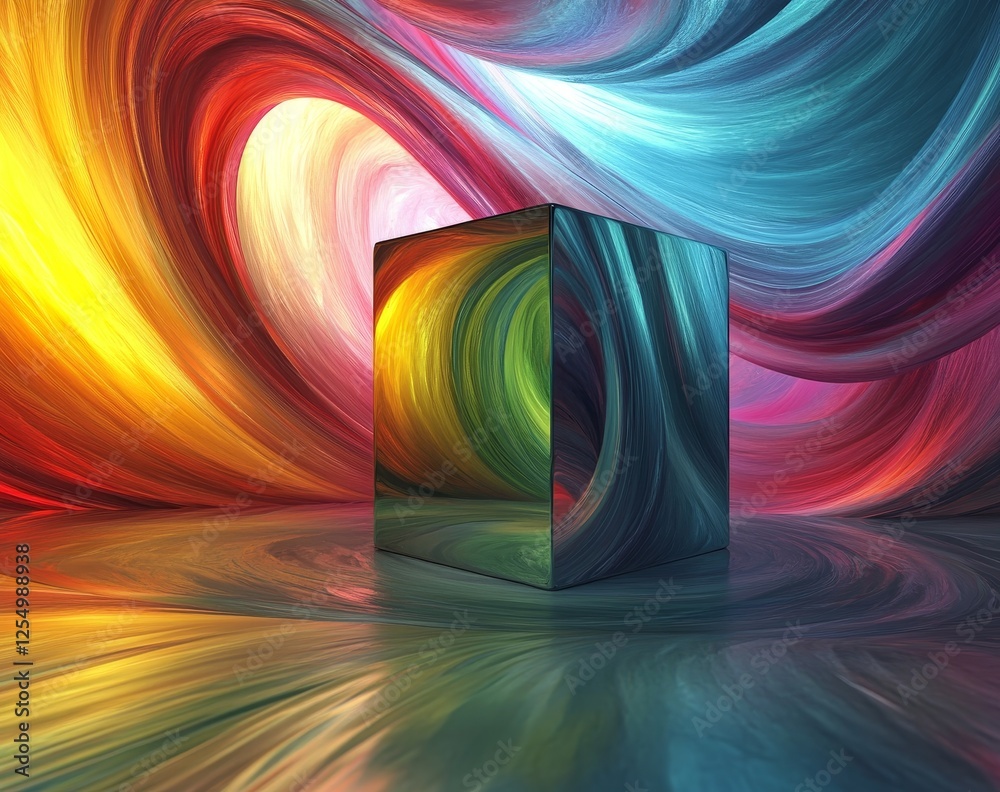 Poster reflective cube in vibrant swirl backdrop; abstract art