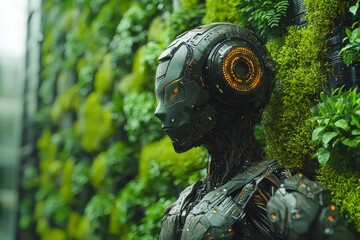 Futuristic robot sculpture in a lush urban garden showcasing technology and nature integration