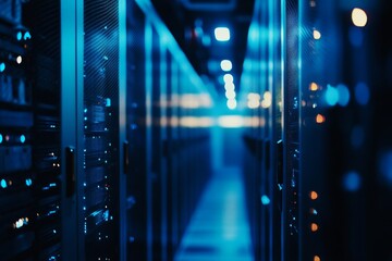 Blue-lit server room, data center aisle, networking infrastructure, background lights, tech