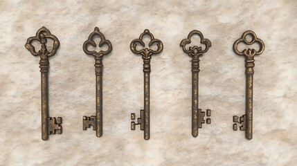 Five Vintage Skeleton Keys Aligned on Aged Parchment Background for Treasure or Mystery Concepts