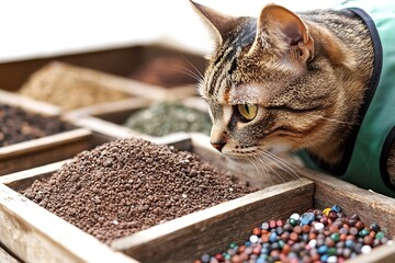 A bright cat in a neat volunteer environment vest stands over a collection of mini recycling bins, sorting tiny objects. The white background, free from clutter, highlights the cat’s conscientious 