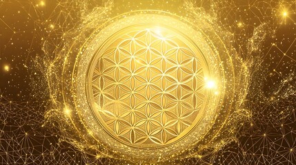 Golden flower of life pattern surrounded by glittering particles