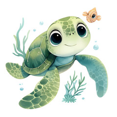 Adorable baby sea turtle swimming in the ocean with a small fish. Soft greens and blues create a peaceful underwater scene.
