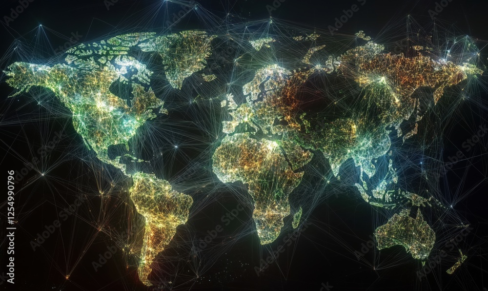 Poster illuminated world map with network connections and data visualization