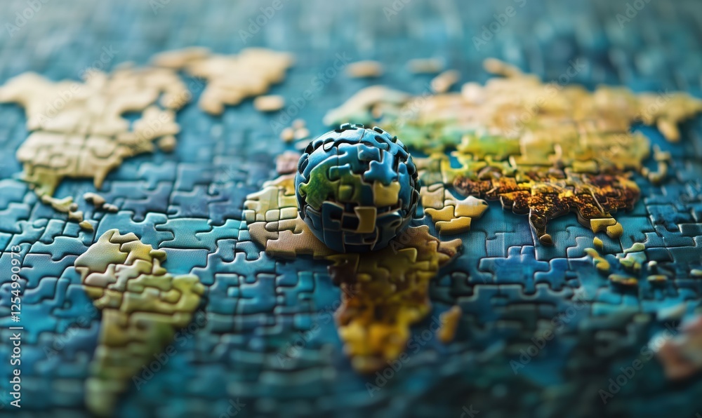 Poster world map puzzle with globe centerpiece representing global unity and interconnectedness