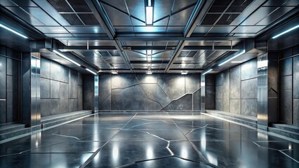 Obraz premium Futuristic Industrial Interior Sleek Metallic Walls, Polished Floor, and Modern Lighting Design
