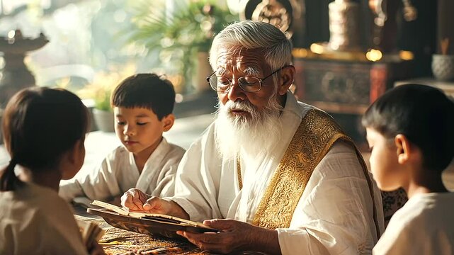 Elders Sharing Cultural Folktales with Children in a Warm Gathering