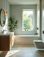 Modernes, lichtdurchflutetes Badezimmer mit natürlichem Charme