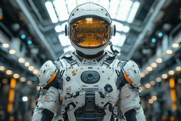 Futuristic astronaut in advanced space suit stands in a high-tech facility showcasing innovative design elements