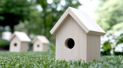 Wooden birdhouses in green garden; real estate concept