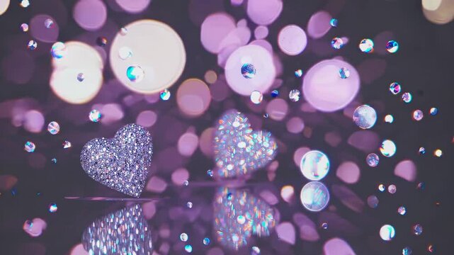 Glittering red hearts gently shimmering with sparkling bokeh lights floating in the background, creating a romantic and magical atmosphere