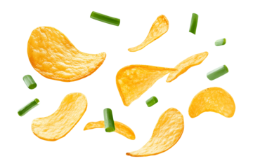 Flying falling potato chips with chopped green onions isolated on transparent or white background, png