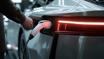 Obraz premium Close up of a sleek silver electric vehicle charging in urban setting with modern design elements