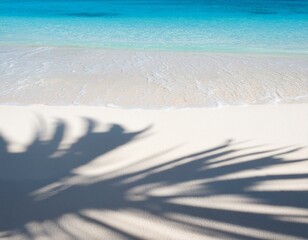 Palm leaf shadows on an abstract white sand beach background, with sunlight reflecting on the water's surface. A beautiful and serene abstract backdrop, perfect as a summer vacation banner for a beach