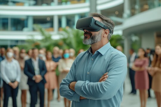 Man experiences virtual reality while surrounded by a group at a modern event venue