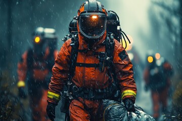 Fototapeta premium Firefighters in protective gear responding to an emergency in a rainy forest environment at dusk