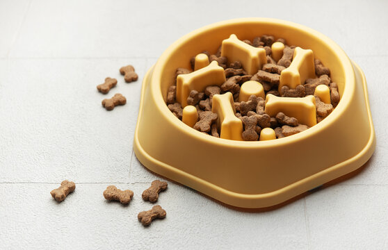 Yellow slow feeder bowl filled with dog treats