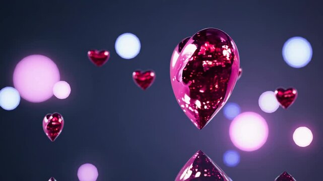 Glittering red hearts gently shimmering with sparkling bokeh lights floating in the background, creating a romantic and magical atmosphere