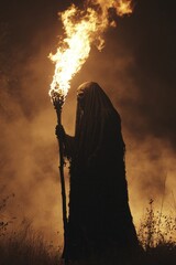 Grim Figure Cloaked in Shadow Holding a Fiery Torch in a Smoky and Dramatic Landscape