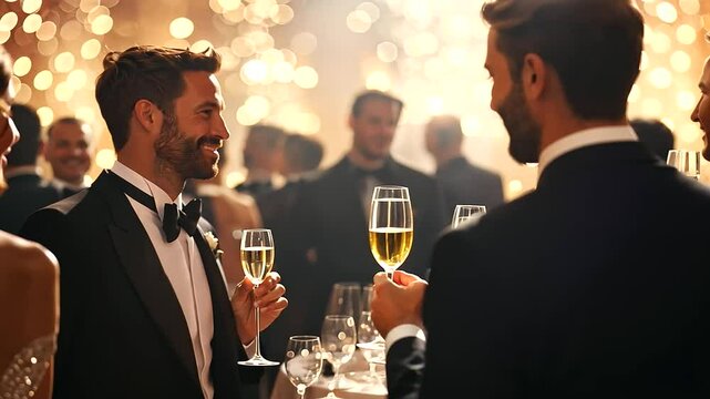 Elegant Gala with Tuxedo Guests and Evening Gowns Sipping Champagne