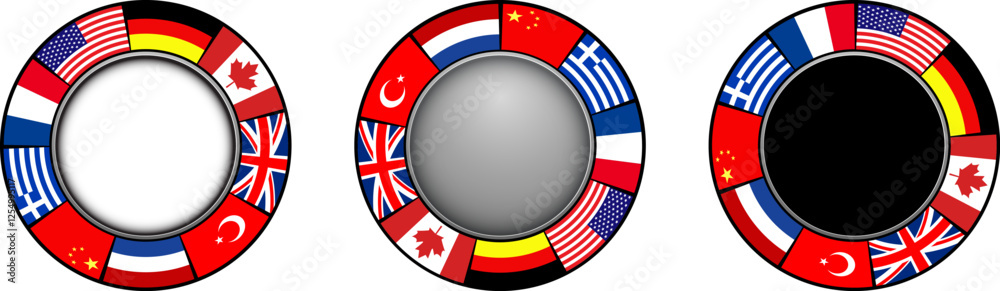 Poster business icons with international flags around, ring with flags buttons with copy space, business co