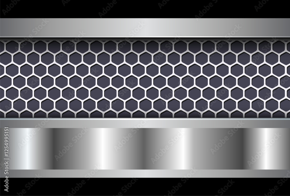 Poster silver chrome metallic background with hexagons pattern, 3d illustration.