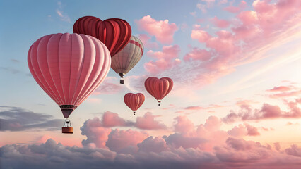 Obraz premium This image showcases a breathtaking scene with hot air balloons, including some shaped like hearts, soaring through a pastel sky with wispy clouds.