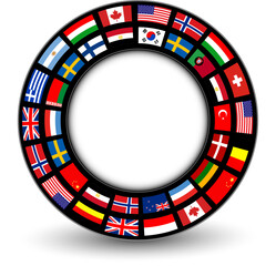 Business icons with international flags around, ring with flags buttons  with copy space, business concept symbols.