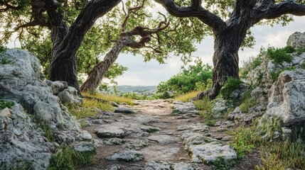 Cinematic landscape of a rugged rocky pathway framed by ancient trees and lush greenery