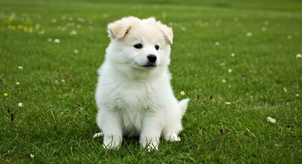 Un lindo cachorro de jindo sentado en un campo de hierba.