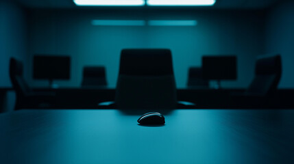 Empty Office Desk with Blurred Vacant Chairs and Monitors Symbolizing Layoffs and Workplace Downsizing. Corporate Restructuring, and Economic Recession Concepts.