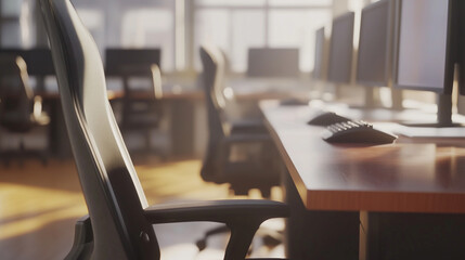 Empty Office Desk with Blurred Vacant Chairs and Monitors Symbolizing Layoffs and Workplace Downsizing. Corporate Restructuring, and Economic Recession Concepts.