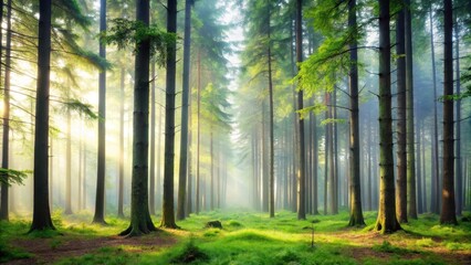 Naklejka premium Sunbeams Illuminate a Mystical Forest Path, Where Sunlight Filters Through Tall Trees and Creates a Serene Atmosphere of Tranquility and Peace