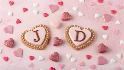 This image features two heart-shaped cookies with the initials "J" and "D" in the center, surrounded by scattered heart candies on a pink background.