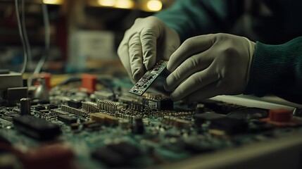 Employee assembling electronic components on a circuit board in a workshop setting