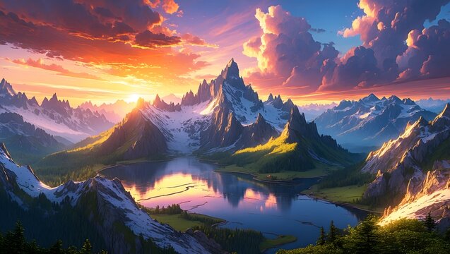 Majestic Sunrise over Alpine Lake: A breathtaking panoramic view of snow-capped mountains reflecting in a serene alpine lake at sunrise. The sky blazes with vibrant hues of orange, pink, and purple.