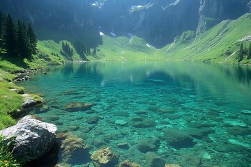 Tranquil Alpine Lake Landscape with Crystal-Clear Waters and Lush Greenery