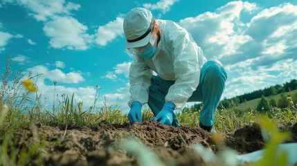 Environmental Scientist Conducting Soil Sampling for Pollution Research