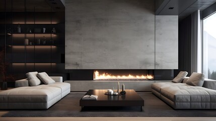 Sleek and Cozy Minimalist Interior with Warm Ambiance and Elegant Furniture  A high end modern living space with clean lines natural materials and a sophisticated comfortable vibe