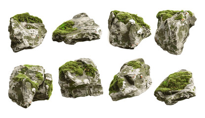 Green mossy rocks and trees, 3D rendering realistic mossy stone cut out backgrounds transparent, vector illustration, jungle, environment, natural textures, rocky surface, eco