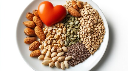 Fototapeta premium Plate of whole grain foods, nuts, and seeds, emphasizing heart-healthy nutrition