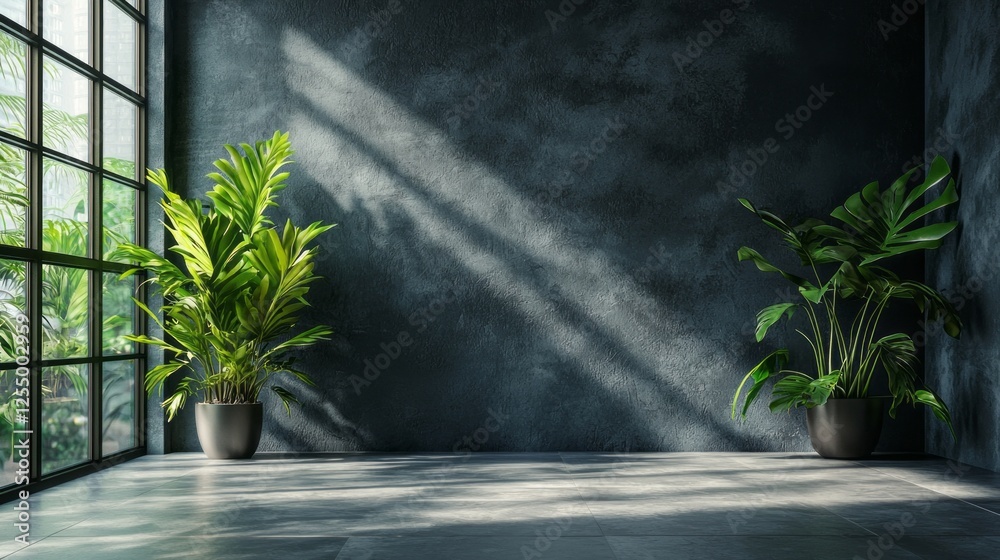 Poster gentle rays of sunlight filter through expansive windows, casting soft shadows on a dark wall. two v