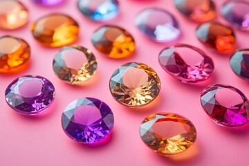 Colorful gemstones sparkling on pink background, collection of jewels creating luxurious display