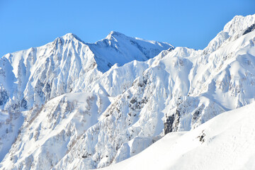 八方尾根から望む厳冬期の鹿島槍ヶ岳への稜線