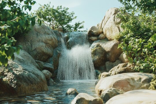Waterfall cascading down rocky terrain surrounded by lush green vegetation in bright daylight. Generative AI