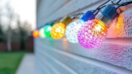 Obraz premium Colorful outdoor string lights illuminate a house's exterior at dusk
