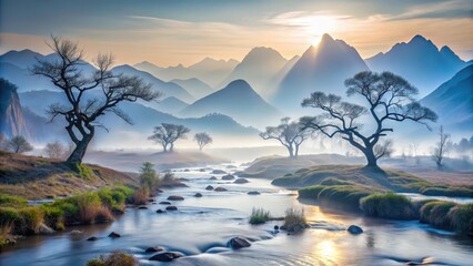 Serene Sunrise Over Misty Mountain River Valley With Silhouetted Trees