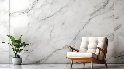 Modern minimalist interior with marble wall and wooden chair. Use for home decor inspiration