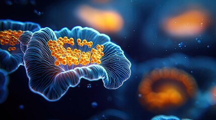 Obraz premium Marine animals microscopic idea. Close-up view of vibrant microorganisms with glowing details and textures.