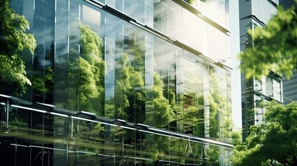 Eco-friendly building modern city sustainable glass building Ecology concept Office building with green environment